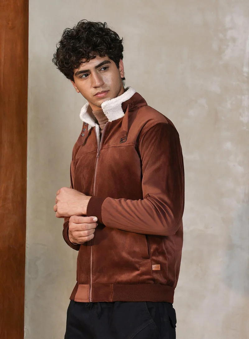 CAHOOT  Men's Chocolate Brown Contrast Sherpa-Lined Suede Bomber Jacket | Point Collar , Ribbed Cuff Sleeves , Zipper  Closure , Ribbed-Straight Hem | Solid Textured For Casual & Daily Wear for Men | Best Price UAE